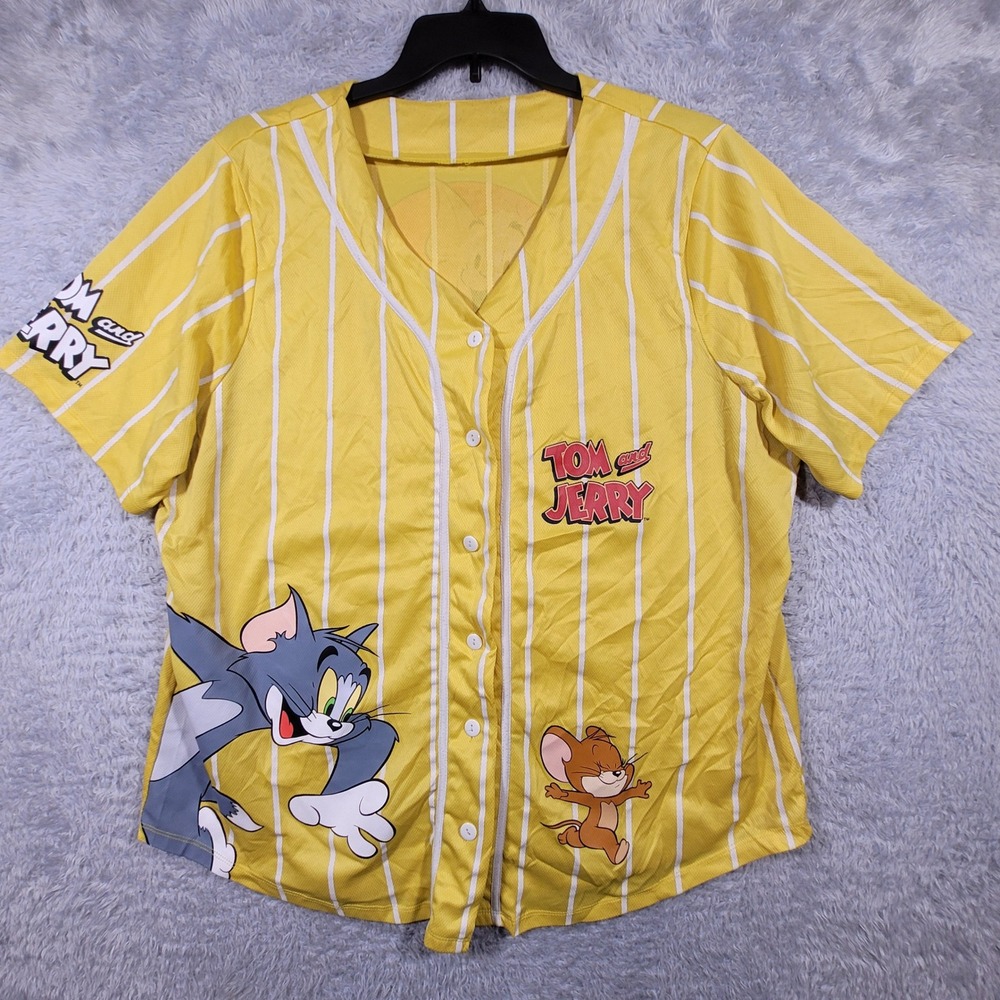 Tom and Jerry Baseball Jersey XL Yellow Pinstripe Graphic Button Up